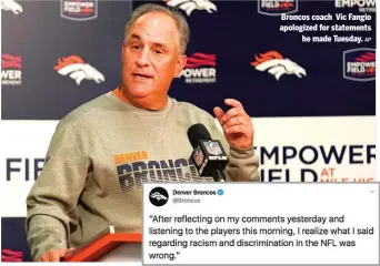  ?? AP ?? Broncos coach Vic Fangio apologized for statements he made Tuesday.