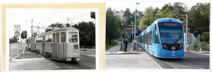  ?? FOTON: KEROLD KLANG. ?? SPÅR FÖRR OCH NU. Ett Mustangtåg på linje 4 rullar ut på Västerbron 1967 och ett tvärbanetå­g på linje 22 passerar Gustavslun­dsvägen i Alvik 2017.