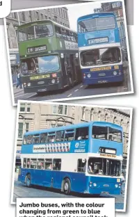  ?? ?? Jumbo buses, with the colour changing from green to blue when the regional council took over in 1975. Below, Kirkton shops hit by vandals in 1969.