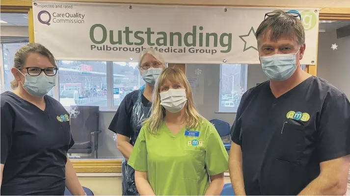  ??  ?? The High Sheriff of West Sussex, Dr Tim Fooks, with, from left, Dr Carole Campbell and Nurse Anna Harrison, both partners at Pulborough Medical Group, and Liz Eades, practice manager