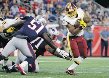  ?? AP ?? Redskins’ rookie running back Derrius Guice is out for the season after suffering a torn ACL in his left knee during the team’s pre-season opener against the Patriots.
