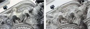  ?? ALBERTO CALLEJA & AGENCIA ICAL THE ASSOCIATED PRESS ?? A sculpture before, right, and after being restored, left, by an amateur artist on the exterior of an ornate office building in the city of Palencia, Spain, on Wednesday has drawn ridicule.