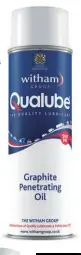  ??  ?? LEFT: Qualube Graphite Penetratin­g Oil is designed to undo stubborn fastenings. The graphite works its way inside a seized fitting to help release it.