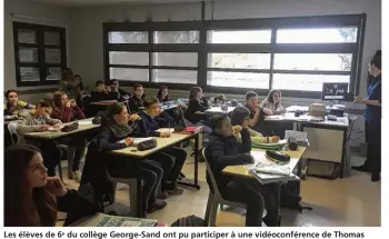  ?? (©David Leduc - Le Pays Briard) ?? Les élèves de 6e du collège George-Sand ont pu participer à une vidéoconfé­rence de Thomas Pesquet lundi dernier