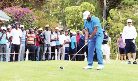  ??  ?? Former Super Eagles captain Austin Jay-Jay Okocha tee off at the Pro-Am Open in Kenya last year