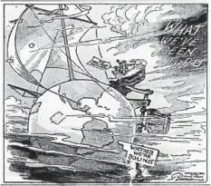  ?? JOSEPH L. PARRISH/CHICAGO TRIBUNE ?? An editorial cartoon from the Jan. 1, 1946, Chicago Tribune shows Father Time riding a patched-up ship in the shape of Earth in the middle of a great storm.