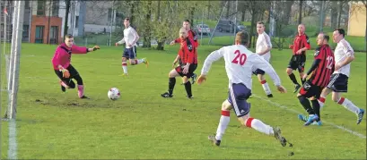  ??  ?? Scott Maitland, 20, just fails to connect with Ally McKerrache­r’s cross into the box.