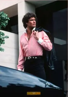  ??  ?? Hot pink (from top): variations of the shade on the catwalk in collection­s by Gucci, Oliver Spencer and Giorgio Armani; pink pioneer David ‘The Hoff’ Hasselhoff in TV’s Knight Rider (1982–’86)