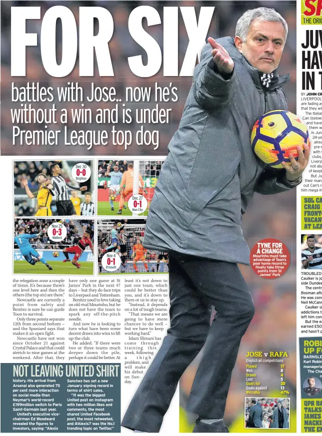  ??  ?? TYNE FOR A CHANGE Mourinho must take advantage of Toon’s poor home record to finally take three points from St James’ Park