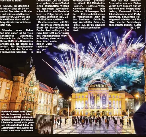  ??  ?? Noch vor Kurzem hatte Chemnitz die Ernennung zur Kulturhaup­tstadt 2025 mit einem großen Feuerwerk gefeiert. Es könnte das vorerst letzte gewesen sein. Aktuell wird über ein „Böllerverb­ot“zu Silvester diskutiert - und zwar bundesweit.