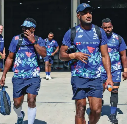  ?? Photo: Fijian Drua Media ?? From left: Kalaveti Ravouvou, Eroni Sau (back), Etonia Waqa and Samuela Tawake walking out of their base at Legalega, Nadi on May 27, 2023.