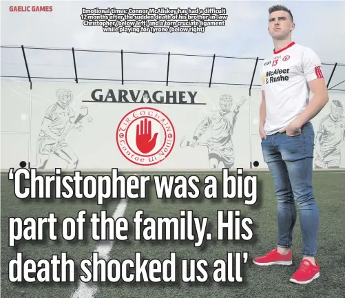  ??  ?? Emotional times: Connor McAliskey has had a difficult 12 months after the sudden death of his brother-in-law Christophe­r (below left) and a torn cruciate ligament
while playing for Tyrone (below right)