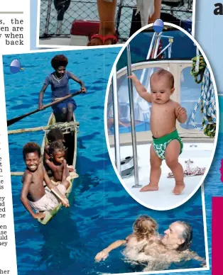  ??  ?? Adventure: James swims with Indigo in Papua New Guinea and (inset) toddler Rocket on deck