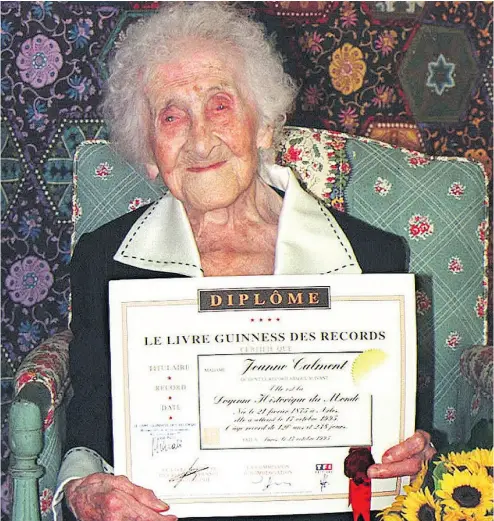  ?? GEORGES GOBET / AFP / GETTY IMAGES ?? No one has lived longer than Jeanne Calment of France, seen here in October 1995 at her retirement home. Calment died in 1997 at the age of 122, and is still considered to be the oldest person on record.