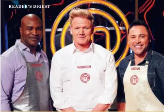  ??  ?? Boxer Evander Holyfield, Gordon Ramsay and boxer Oscar De La Hoya on Celebrity Masterchef; (below) The Gordon Ramsay Steak restaurant in Paris Las Vegas