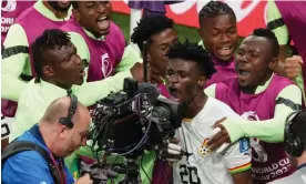  ?? Photograph: Anadolu Agency/Getty Images ?? Mohammed Kudus celebrates passionate­ly in front of the TV cameras after scoring the winning goal for Ghana.