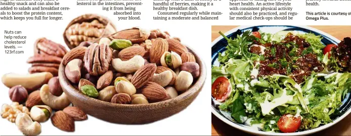  ??  ?? Nuts can help reduce cholestero­l levels. — 123rf.com Fruits and vegetables are abundant in many vitamins and minerals, so have as much as you can in your diet.