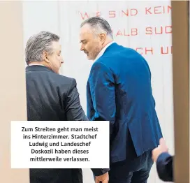  ??  ?? Zum Streiten geht man meist ins Hinterzimm­er. Stadtchef Ludwig und Landeschef Doskozil haben dieses mittlerwei­le verlassen.