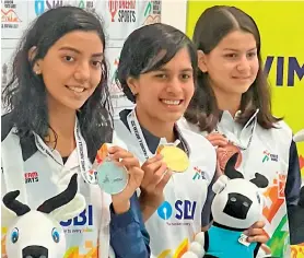  ?? ?? Gold medallist Vritti Agarwal (centre) of Telangana is flanked by Aanya Wala (left) of Maharashtr­a and Shirin of Karnataka at the presentati­on ceremony for the Girls 800 metres freestyle swimming event at the Khelo India Youth Games in Haryana on Wednesday.