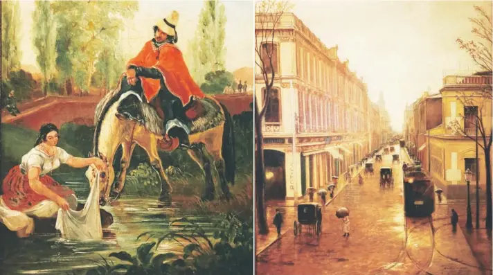  ??  ?? ►► El huaso y la lavandera (1835), los personajes anónimos de Mauricio Rugendas.
►► Calle Ahumada en 1902, la visión europea de la ciudad de Enrique Lynch.