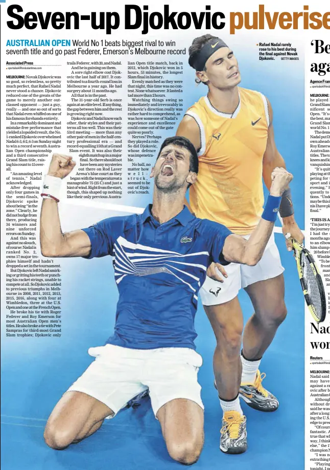  ?? GETTY IMAGES ?? Rafael Nadal rarely rose to his best during the final against Novak Djokovic.