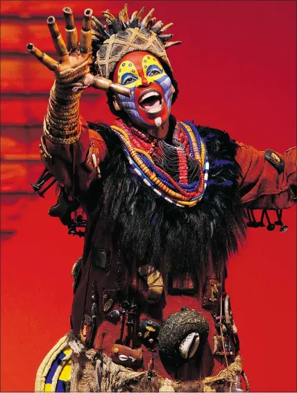 ??  ?? Tshidi Manye as Rafiki kicks off the The Lion King with one of the most thrilling openings in theatre.