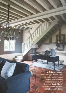  ??  ?? Living room Positionin­g a desk under the stairs makes good use of space where headroom is low. Try Bourbon desk, Made. Source a similar antique lampbase at 1stdibs