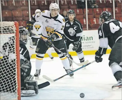  ?? ANTONY DA SILVA-CASIMIRO/TC MEDIA ?? Massimo Carozza of the Cape Breton Screaming Eagles watches the puck sail by goaltender Mathieu Bellemare of the Gatineau Olympiques during Quebec Major Junior Hockey League playoff action Tuesday at Centre Robert-Guertin in Gatineau, Que. Cape Breton...