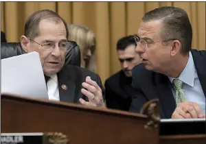  ?? AP/J. SCOTT APPLEWHITE ?? House Judiciary Committee Chairman Jerrold Nadler (left), D-N.Y., confers with Rep. Doug Collins of Georgia, the top Republican on the panel, as Democrats convene a hearing on special counsel Robert Mueller’s obstructio­n of justice investigat­ion.