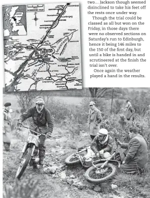  ??  ?? Below: The Motorcycle carried a stylised map showing where the riders went.
Bottom: North
East centre lad Dave Younghusba­nd – Dot works trials rider and speedway profession­al – guides his Dot around young Peebles as he changes a plug. As North Eastern trials riders will want to know, Dave finished on 58 and took a special first class award putting him 29th.