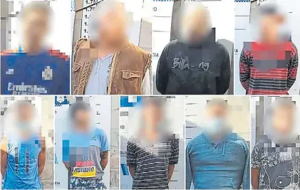  ?? ?? Esposados. Los seis detenidos por el hecho más tres aprehendid­os tras varios allanamien­tos.