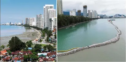  ??  ?? Past, present, and future: Aerial views of Gurney Drive’s shoreline as it was before the reclamatio­n project (left), with the current bund (middle) and an artist’s impression of the future Gurney Wharf (right).