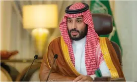  ?? ?? Saudi Crown Prince Mohammed bin Salman attends the opening of the Saudi Green Initiative Forum, via video link, in Riyadh. Photograph: Anadolu Agency/Getty Images