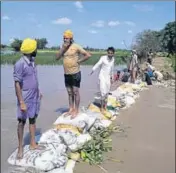  ?? HT PHOTO ?? ■ Villagers make a temporary bundh after Patti drain’s water inundates paddy fields in Tarn Taran on Tuesday.