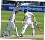  ?? JOHN MALLETT ?? HOT WORK: Left, century maker Tom Alsop plays a delivery from Ed Barnes; above, Foxes wicketkeep­er Harry Swindells appeals for a stumping off Tom Clark