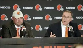  ?? TONY DEJAK — THE ASSOCIATED PRESS ?? Browns general manager John Dorsey, right, speaks while Freddie Kitchens listens during a news conference Jan. 14 in Cleveland.