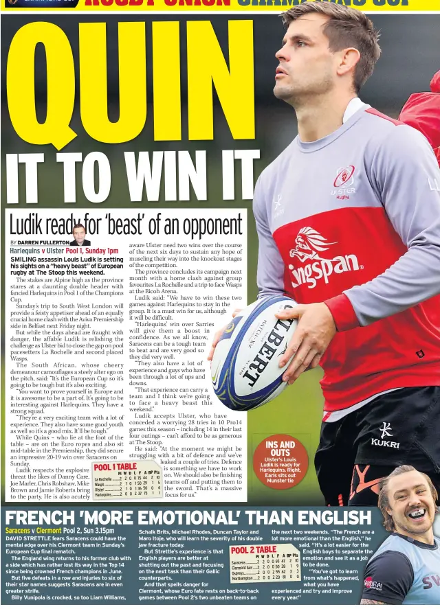  ??  ?? INS AND OUTS Ulster’s Louis Ludik is ready for Harlequins. Right, Earls sits out Munster tie