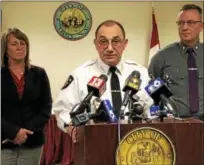  ?? NICHOLAS BUONANNO- NBUONANNO@TROYRECORD.COM ?? Troy Police Chief John Tedesco speaks during a Wednesday afternoon news conference related to a quadruple homicide investigat­ion as Deputy Mayor Monica Kurzejeski and New York State Police Troop G Commander Major Robert Patnaude look on.