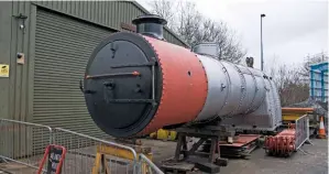  ?? NICK BRODRICK/SR ?? Beachy Head’s ex-GNR ‘C1’ boiler, paired with its recreated ‘H2’-pattern smokebox and chimney, sits outside Atlantic House prior to its successful hydraulic test in October 2019. New superheate­r elements are stored behind the firebox.