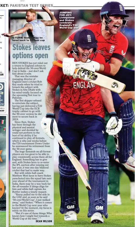  ?? ?? JUMPING FOR JOY: Livingston­e and Stokes celebrate England’s T20 World Cup win