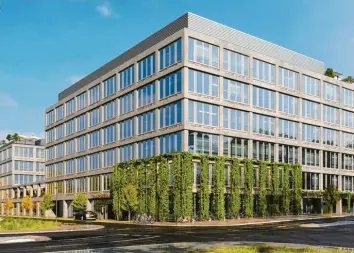  ?? Visualisie­rung: Bloom Offices ?? Am Safranberg entstehen derzeit die Bloom Offices, als Hauptmiete­r wird die Softwarefi­rma Transporeo­n einziehen. Das Büro‰ gebäude wird zugleich Eingang eines neuen Stadtviert­els mit mehreren Hundert Wohnungen.