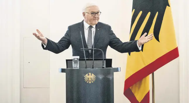  ?? ?? German President Frank-Walter Steinmeier addresses guests during a reception at Bellevue Palace in Berlin, Germany, Feb. 17, 2022.