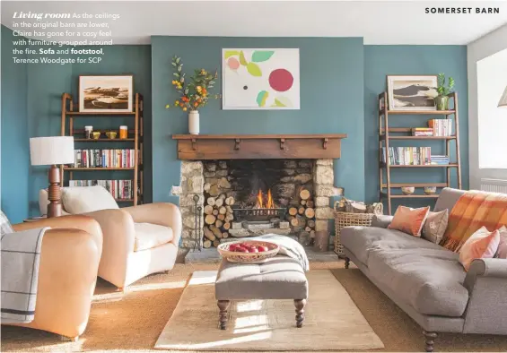  ??  ?? Living room As the ceilings in the original barn are lower, Claire has gone for a cosy feel with furniture grouped around the fire. Sofa and footstool,
Terence Woodgate for SCP