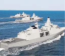  ??  ?? An artist’s impression of the Type 31e warships to be assembled at Babcock’s Rosyth base.