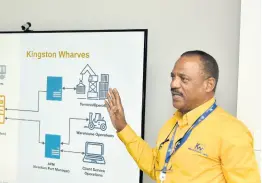  ?? ?? Lancelot Green, IT director at Kingston Wharves, explains the benefits of the port community system to a visiting delegation of Barbadian port and shipping officials yesterday.