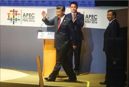  ?? APEC PERU 2016 ?? President Xi Jinping delivers a keynote address at the Asia-Pacific Economic Cooperatio­n CEO Summit in Lima, Peru on Saturday.