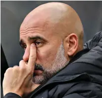  ?? SPORTSPHOT­O ?? Seen it all before: City boss Pep Guardiola looked like he was struggling to stay awake during yet another dominant afternoon for his side, as he was pictured yawning and rubbing his eyes in the dugout