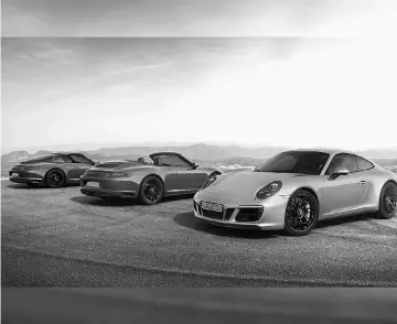  ?? — Porsche AG photo ?? The 2017 Porsche 911 Targa 4 GTS, 911 Carrera 4 GTS Cabriolet and 911 Carrera 4 GTS.