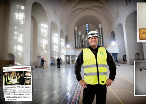  ?? FOTO: PEKKA PÄÄKKÖ ?? tidskapsal­ar Storkyrkan.
MODERNISER­AS. Tor Hofsjö inne i kyrkan där interiören återgår till sin ursprungli­ga, vita färg. I golvet läggs golvvärme.