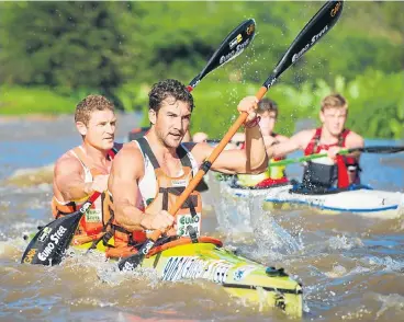  ?? /Anthony Grote/Gameplan Media ?? Andy Birkett, front, and Hank McGregor will team up for the 2018 FNB Dusi Canoe Marathon, with part of their Current attraction: preparatio­n an intensive running programme, which is something new for McGregor.